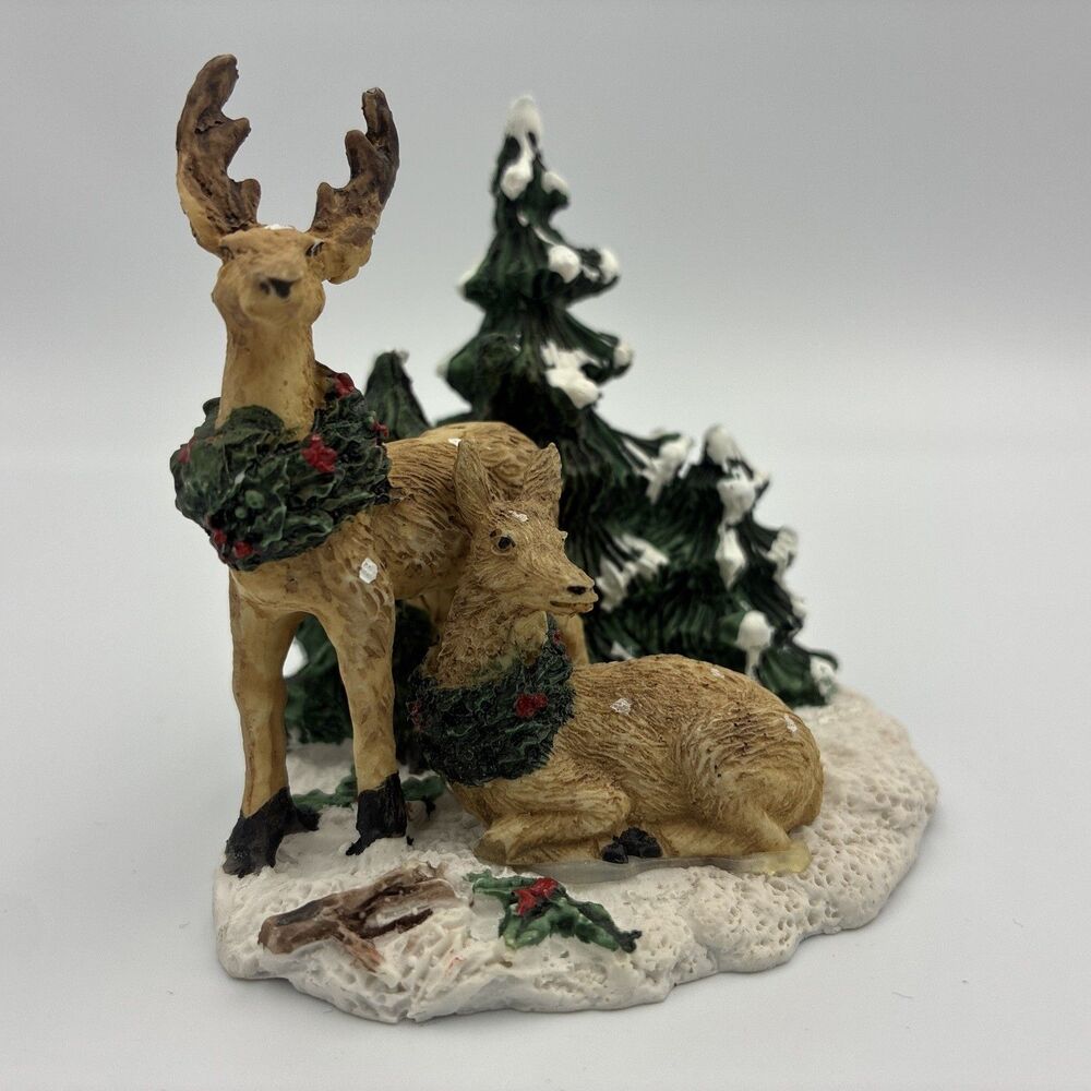 Hand Painted St. Nicholas Square Winter Scene Figurine; Deer in Christmas Woods